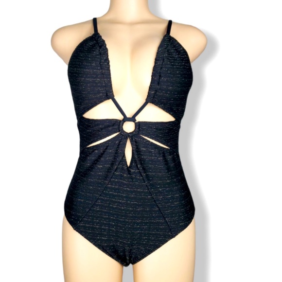 NWOT TAGS TIME AND TRUE BLACK SHINEY GOLD ONE PIECE SWIMSUIT IN SIZE SMALL 4-6 - Picture 1 of 6